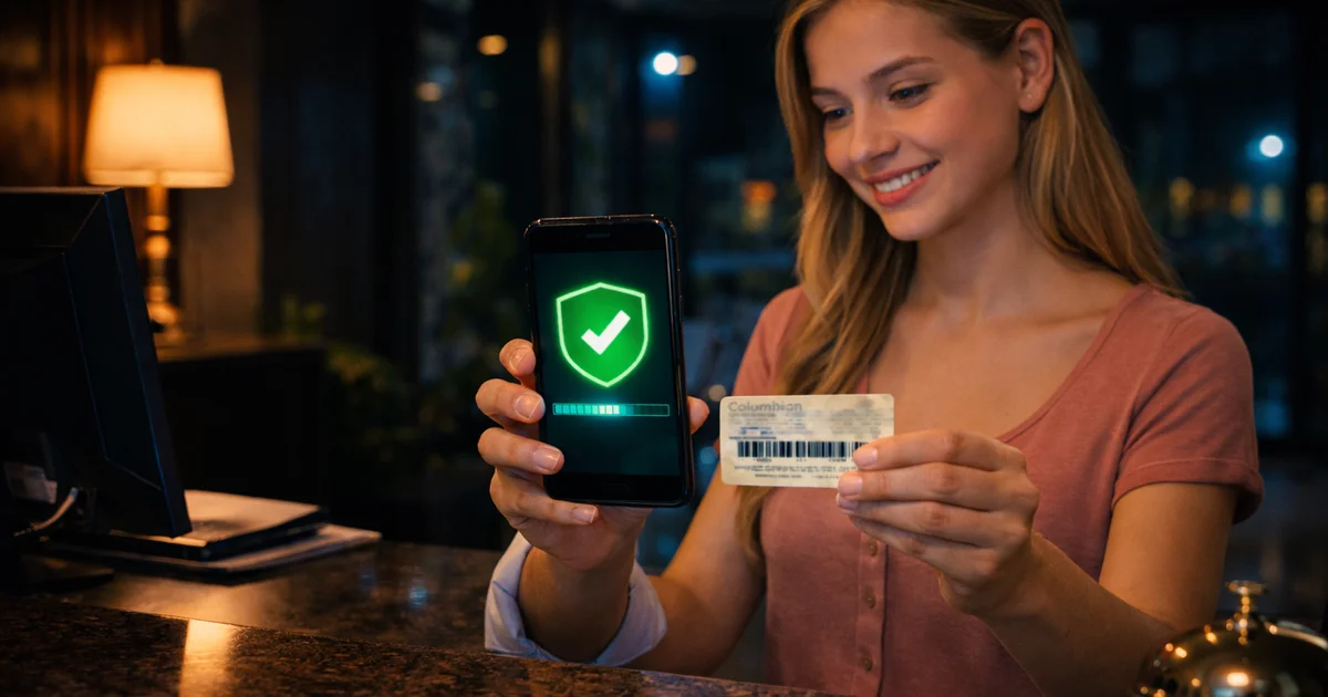 Recepcionista de hotel verificando visitante en el turno de noche con aplicación móvil