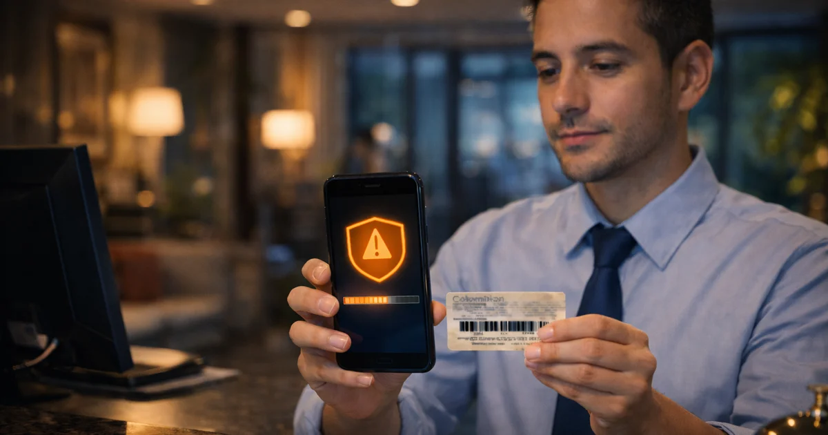 Recepcionista de hotel revisando sistema de verificación con alerta de visitante menor de edad